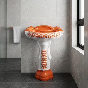 Big Sterling Porcelain Pedestal Wash Basin Set Lavabo Sink Stand Wooden <b>Rustic</b> Color Designer Sanitary Ware - Product Image 1
