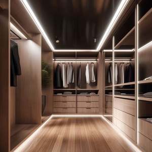 Nouvelle arrivée, armoire intégrée moderne de luxe en noyer, système d'armoire de chambre à coucher personnalisé avec zone de suspension LED et portes à fermeture douce - Product Image 6