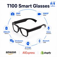Lunettes connectées T100 avec écran de contrôle selfie, caméra 8MP, enregistrement photo/vidéo/audio, stockage 8 Go, batterie 300 mAh, transfert Wi-Fi