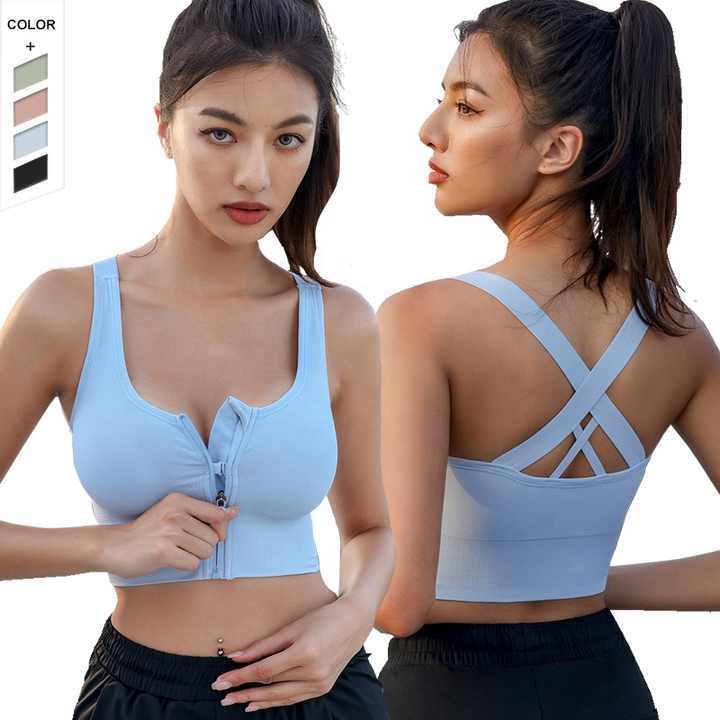 Wholesale Custom Womens Fitness Cross Back Padded Breathable High Support Four-Way Stretch Sport Bra Seamless Zip Front Yoga Top