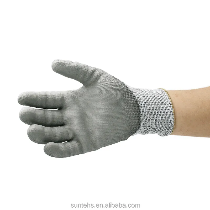 Gants de protection en tissage gris sans couture de haute qualité Gants de revêtement de doigt de paume en PU