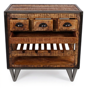 Armoire de rangement de cuisine en bois massif de style industriel vintage avec tiroirs et porte-bouteilles, pieds en métal - Product Image 1