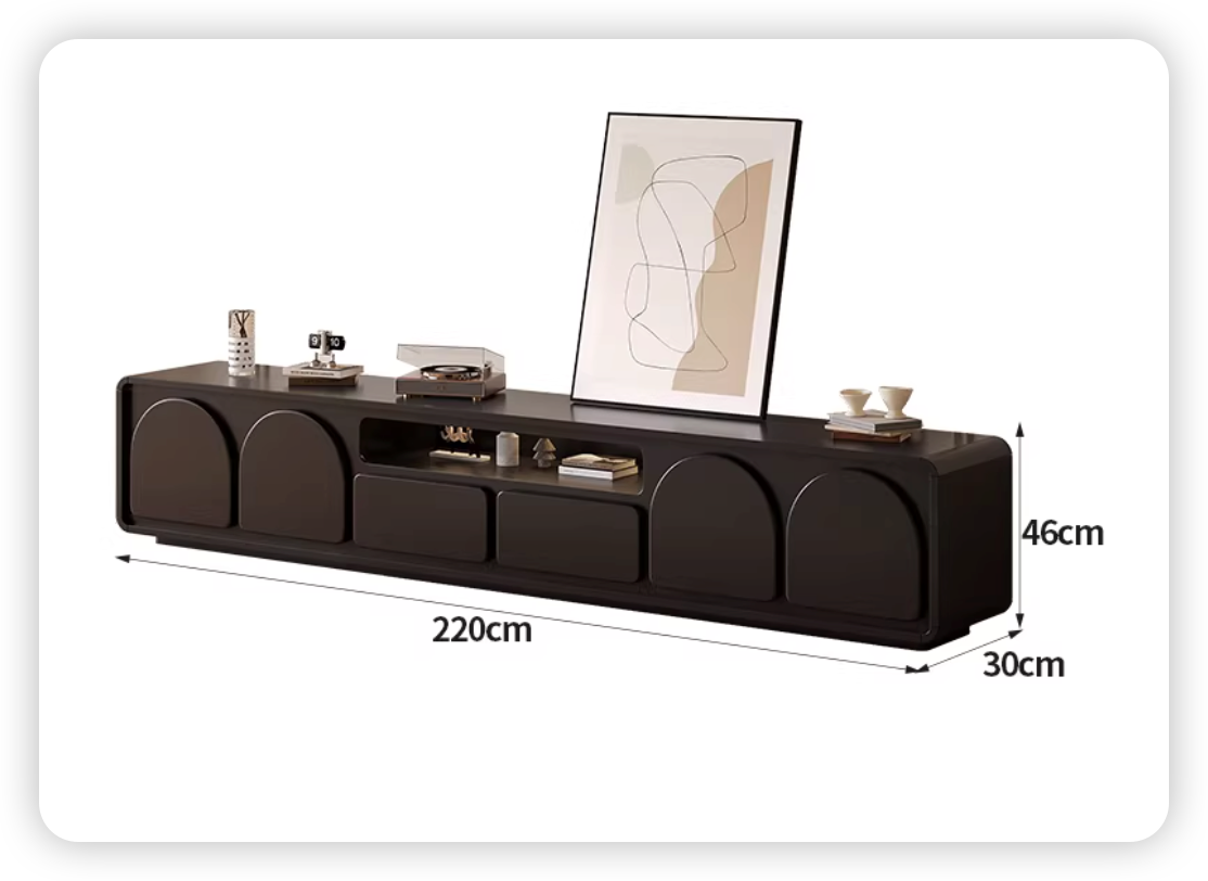 Meuble TV noir, hauteur 220*30*46 cm (du sol au dessus du meuble).