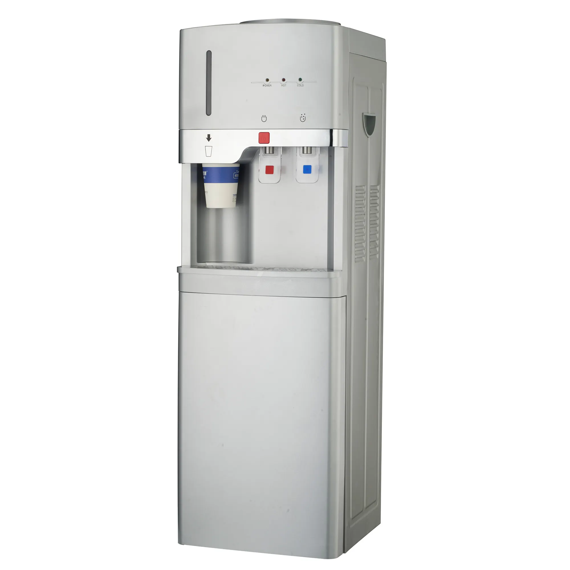 Pendingin air panas dan dingin berdiri di lantai, dengan dudukan gelas warna perak, kompresor dispenser air pendingin 5x95L dengan kulkas