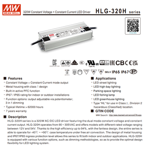 MEAN WELL HLG-320H-54A 320W 54V 5.95A ปรับได้ CC CV LED ไดร์เวอร์ไฟส่องสว่าง AC-DC IP65 กันน้ำ - Product Image 2