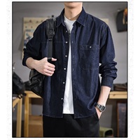 Kemeja Kasual Rajut Bernapas Grosir, Pakaian Streetwear Lengan Panjang Musim Semi Gugur, Saku Dada Kancing, Denim Pria