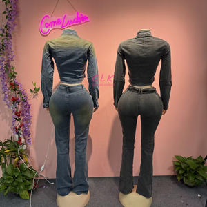 Comeluckin Acid Washed Stretch Denim Herfst Vrouwenkleding Katoen 2-delig Set Lange Mouwen Cropped Jack & Broekpak Lente Outfits - Product Image 2