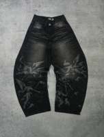 Set Pakaian Jalanan Gothic Kustom dengan Jaket Kancing Katak Cina dan Celana Jeans Baggy Lengkung Bermotif Malaikat, Ukuran Besar Unisex Dua Potong
