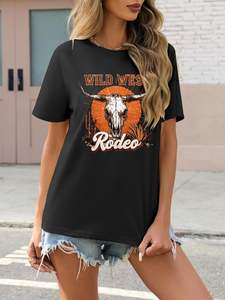 Camisetas Vaqueras Vintage para <span class=keywords><strong>Mujer</strong></span>, Camiseta con Gráfico de Calavera de Vaca, <span class=keywords><strong>Botas</strong></span> de Vaquero, Rodeo, Música Country, Tops de Manga Corta de Algodón - Product Image 2