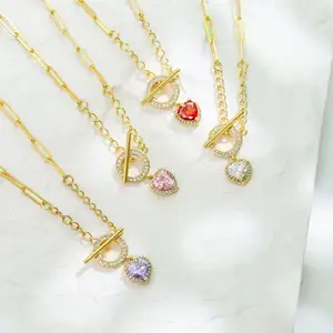 Luxury Colorful Crystal Zircon Heart Pendant Link Chain Necklace Women Jewelry Full Diamond OT Buckle Red Pink Heart Necklace