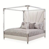 Cadre de lit double de luxe de style européen avec tête de lit en cuir, cadre de lit queen en acier inoxydable et acrylique, style bois