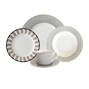 Restaurant Used 20 Pcs black line Gold Rim Dinnerware Sets Chinese High Ceramic Plates Tableware For Wedding