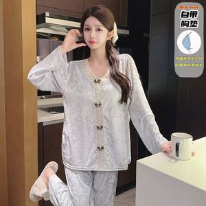 Mới Nhất Đồ Ngủ Mùa Đông Áo Ngủ Bộ Nhiệt Ấm Phụ Nữ Dày Homewear Thời Trang Cao Cấp Cảm Giác Của Ren <span class=keywords><strong>Trim</strong></span> Vàng Nhung Ngủ - Product Image 1