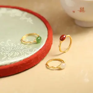 Hotan jade ring for women sterling silver Nanjiang red agate retro design niche high-end antique style bamboo jade jade ring