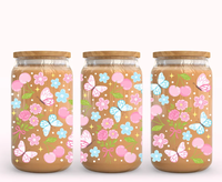 Gobelet Isotherme 16oz en Verre Motif Papillon Fleur de Cerisier Dessin Animé, Tasse à Café Glacé Pastel Libbey, Design Floral Mignon, Transfert Thermique