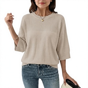 Suéter de Punto Holgado Beige para Mujer, Cuello Redondo, Manga 3/4, Estilo Casual - Product Image 1
