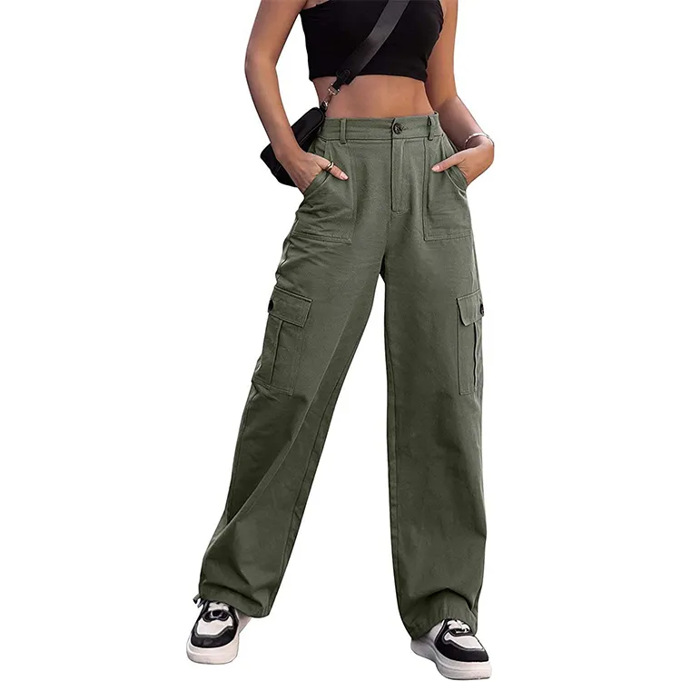 Custom OEM Manufacturer Vintage Pockets High Waist Streetwear baggy Casual ladies Long parachute Cargo Pant for women Trousers