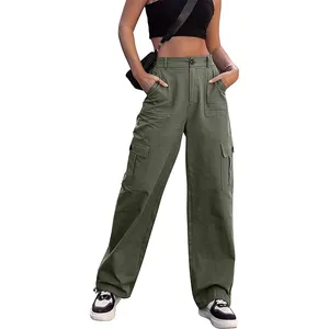 Custom OEM Manufacturer Vintage Pockets High Waist Streetwear Baggy Casual Ladies Long Parachute Cargo Pant For Women Trousers