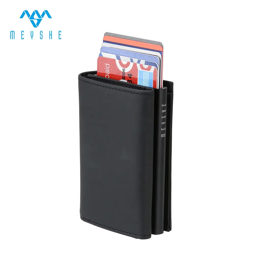 Custom Genuine Leather Automatic Pop Up Metal Magnetic RFID Blocking Credit Card Holder Wallet For Men