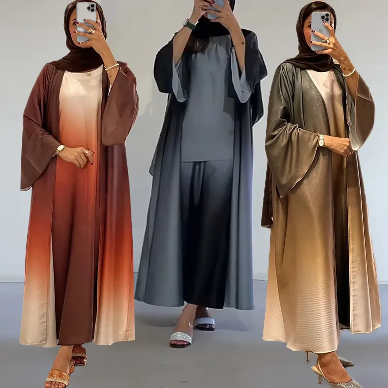 Abaya Hồi Giáo Quần Áo Nhà Sản Xuất Tùy Chỉnh Hồi Giáo Hồi Giáo Satin Ombre Gradient Abaya Bộ Với Bên Trong Ăn Mặc