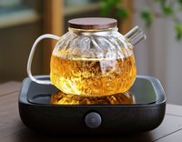 Théière en verre martelé à couvercle en bois de noyer grande capacité, verre borosilicate résistant aux hautes températures avec infuseur en acier inoxydable