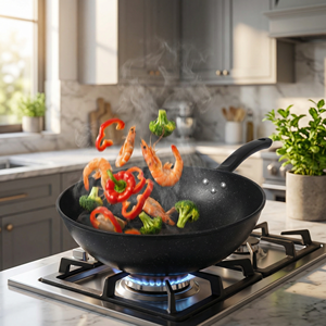 Directo de fábrica, Caldero de cocina negro de 32cm, utensilios de cocina antiadherentes, <span class=keywords><strong>Wok</strong></span> de hierro fundido con mango de madera - Product Image 4