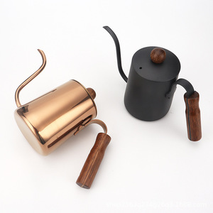 Bouilloire à bec de cygne en acier inoxydable avec couvercle, poignée en bois, long bec verseur, cafetière noire et or rose - Product Image 4