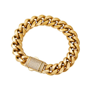 Stainless Steel Miami Cuban Link <b>Chain</b> With Inced <b>Out</b> Buckle - PVD 18K Gold Plated Durable Density Bracelet (8-14mm Width) - Product Image 5