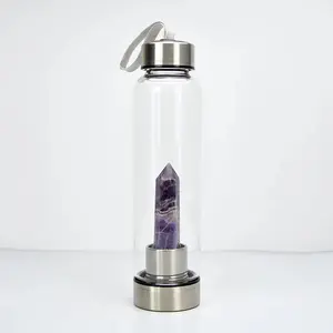 Natural Crystal Dream Purple Amethyst Six sided Single Pointed Water Bottle Energy With 304 Stainless Cup Printed Logo Services