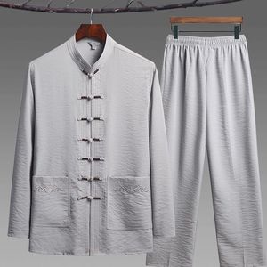 Ensemble de vêtements traditionnels <span class=keywords><strong>chinois</strong></span> pour <span class=keywords><strong>homme</strong></span>, chemise Kung Fu à boucle, haut et pantalon rétro oriental, uniformes respirants Tai Chi Hanfu - Product Image 4