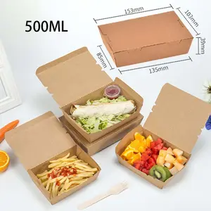 Özel gıda Bento öğle yemeği tek kullanımlık Kraft kutuları çıkar hızlı biyobozunur pirinç çin kağıt ambalaj 500Ml paket servis kutusu