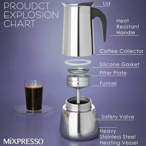 Cafetière Moka Classique Portable en Acier Inoxydable pour Plaque de Cuisson avec Couvercle et Poignée en Bois Doux au Toucher, Capacité 6 Tasses, Vente en Gros - Product Image 2