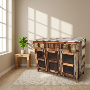 Buffet de rangement traditionnel en bois massif, style antique, avec 3 tiroirs, idéal pour les salons/salles à manger de style farmhouse ou d'hôtel, fait main - Product Image 6