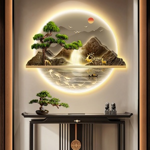 Nuova Arte Murale LED Ecologica Cinese, Decorazione Illuminata con Paesaggio di Pini e Pesci Koi per Hotel, Case da Tè, Ristoranti - Product Image 5