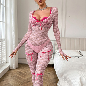 New Fashion Sexy Lace Tight Fitting Hip Hugging Pinkong Sleeved Long Pants Lace Jumpsuit 3pcs Sets Lingerie <b>Women</b> - Product Image 3