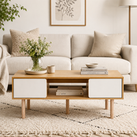 Table basse de rangement moderne, table de salon scandinave avec finition en bois, armoires et étagère ouverte