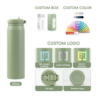 Bouteille d'eau isotherme en acier inoxydable à double paroi de 1 litre (32 oz) avec logo personnalisé, revêtement poudré et paille intégrée