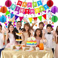 Guirlande de drapeaux en papier colorés, bannière Joyeux Anniversaire, guirlande de confettis pour la décoration de fête, comprend des serpentins en forme de boule en nid d'abeille