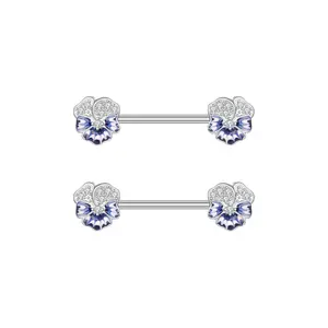 5Pair/Set Stainless Steel 14G Chest Ring Oil-Coated Zircon Blue Flower Bar Barbell Nipple Ring Piercing Breast Cover Jewelry