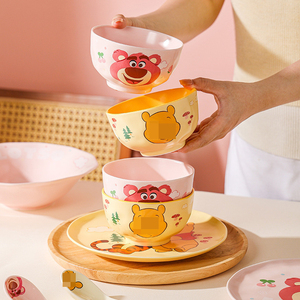 Juegos de vajilla portátil Winniee de dibujos animados para niños, vajilla doble para personas y plato de cerámica, caja de regalo, <span class=keywords><strong>tema</strong></span> de fresa - Product Image 3