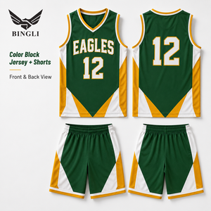 Ensemble d'uniformes de basketball personnalisés pour l'esprit scolaire – Maillot et short color block, extensibles dans quatre directions, anti-humidité et respirants à 100 % - Product Image 2