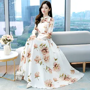 custom women's Large rose floral printed long sleeve maxi dress fit and flare floral printed dress