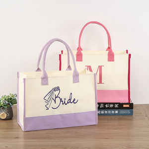 Sac Fourre-Tout Carré en Toile Coton avec Logo Imprimé Personnalisé Rose Violet Lettre de la Mariée de Mariage Sac Cadeau de Voyage - Product Image 1