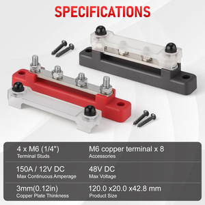 Rv <b>Yacht</b> Busbar Kit M6 Red Black Single Row 2 Way Terminal Block 12 48V Copper Battery Connection - Product Image 5
