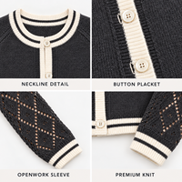 Cardigan en tricot ajouré personnalisé pour femme, col rond, bordure contrastante, manches raglan, coupe courte, boutonné, idéal pour le printemps et le bureau