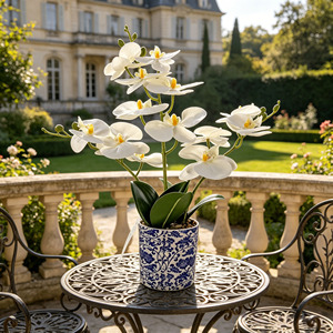 Orquídea Phalaenopsis Artificial Realista Hecha a Mano en Maceta Azul y Blanca para Decoración de Bodas y Hoteles, Decoración de Sala de Estar - Product Image 5