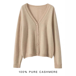 Cardigan en cachemire à col en v pour femmes, pull tricoté à manches longues de couleur unie pour le printemps et l'automne - Product Image 2
