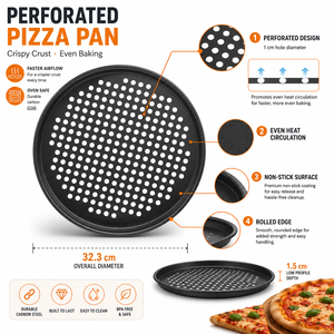Teglia per <span class=keywords><strong>Pizza</strong></span> Forata in Acciaio <span class=keywords><strong>al</strong></span> Carbonio Antiaderente da 13 Pollici, Rotonda con Fori per Cottura Casalinga - Product Image 2
