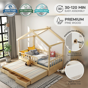 Cama de Piso con Estructura de Madera de Pino Sólido [Estilo Montessori] para Niños Pequeños, Santuario Creativo para Dormir, Segura según Normas ASTM - Product Image 1