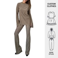 En gros Personnalisé Automne Nouveau Simple Couleur Unie Col Rond Manches Évasées Fente Top Avec Pantalon Long Femme Mode Ensemble Deux Pièces